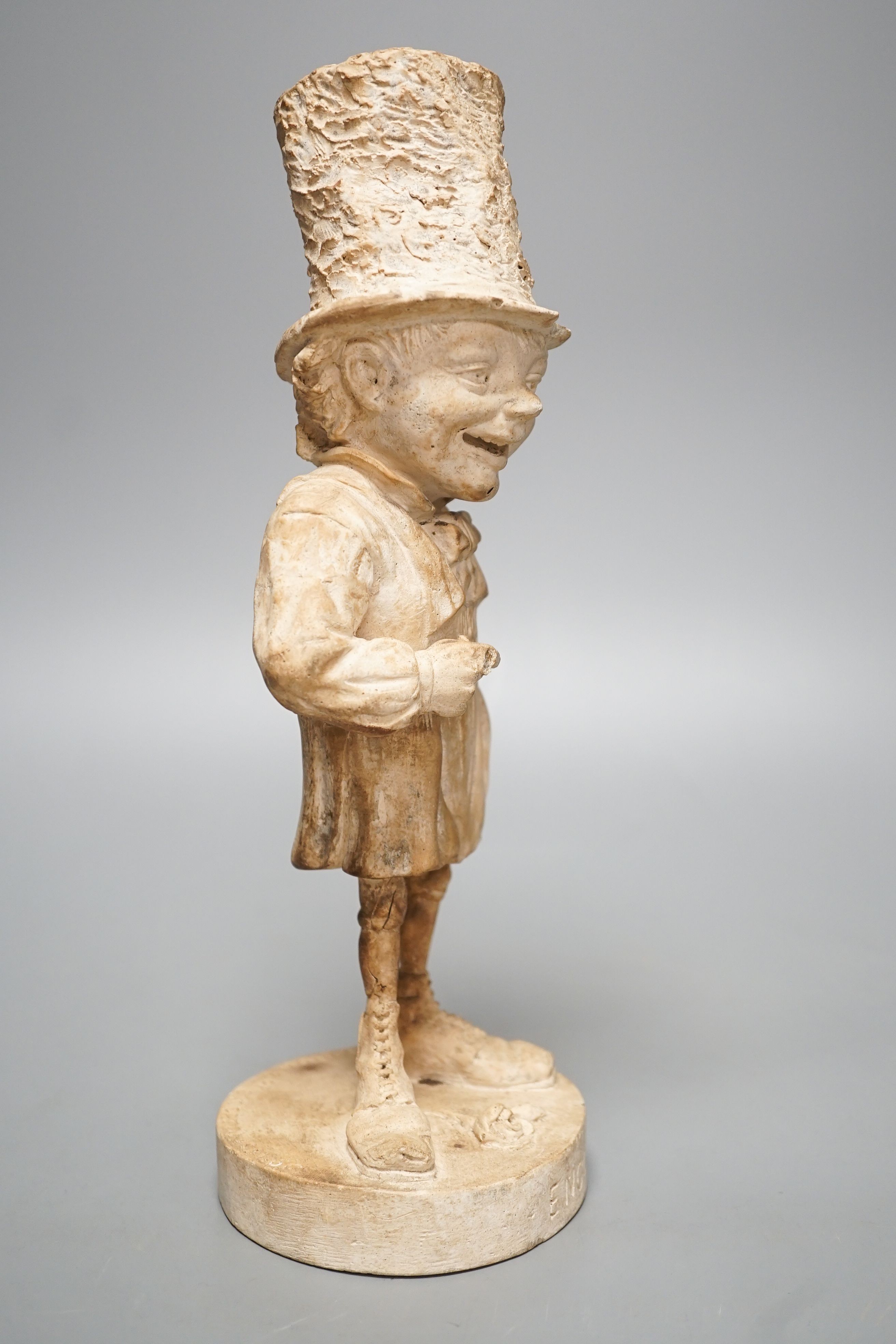 A plaster character figure, 'England, Feb 17 - 1880, Copyright of Ch, Cortopassi, Sc’ 27cm